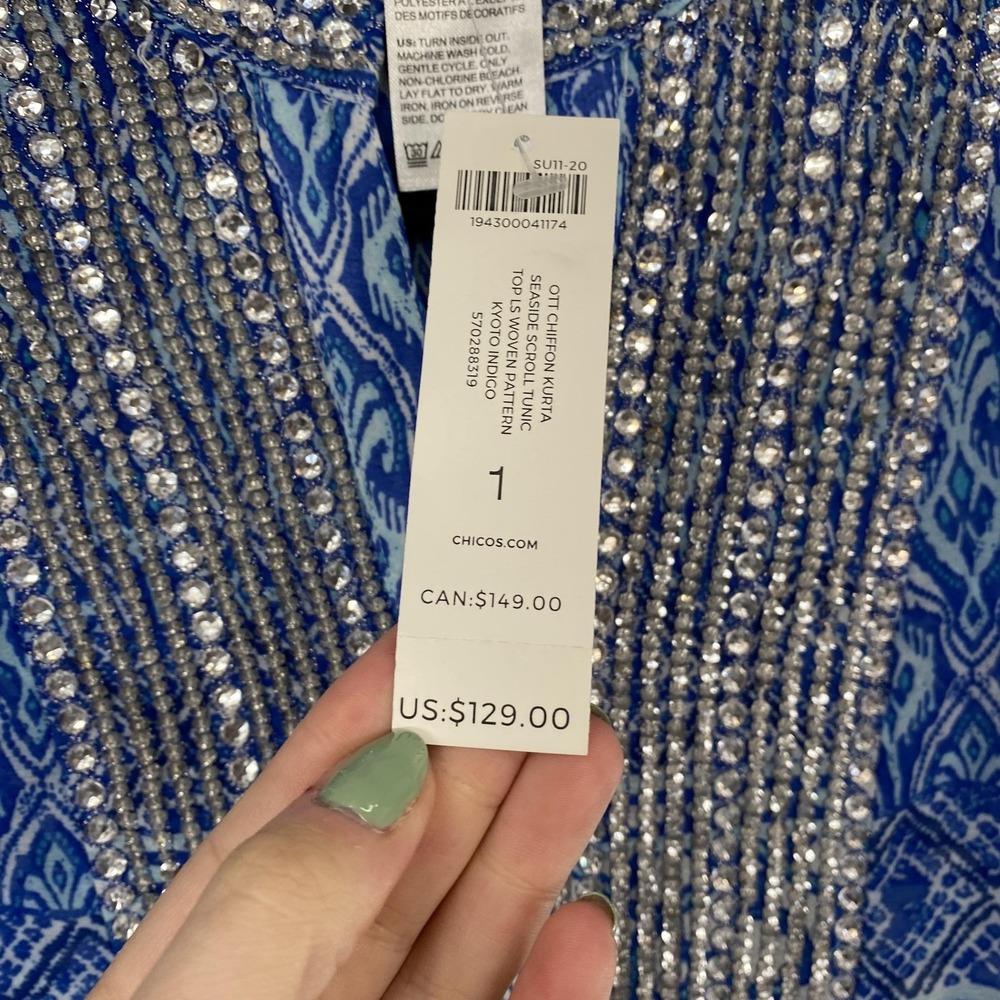 Chicos Beaded Tunic Top Womens 1/M Blue Geometric Sheer Embellished 3/4 Sleeve - Picture 5 of 16